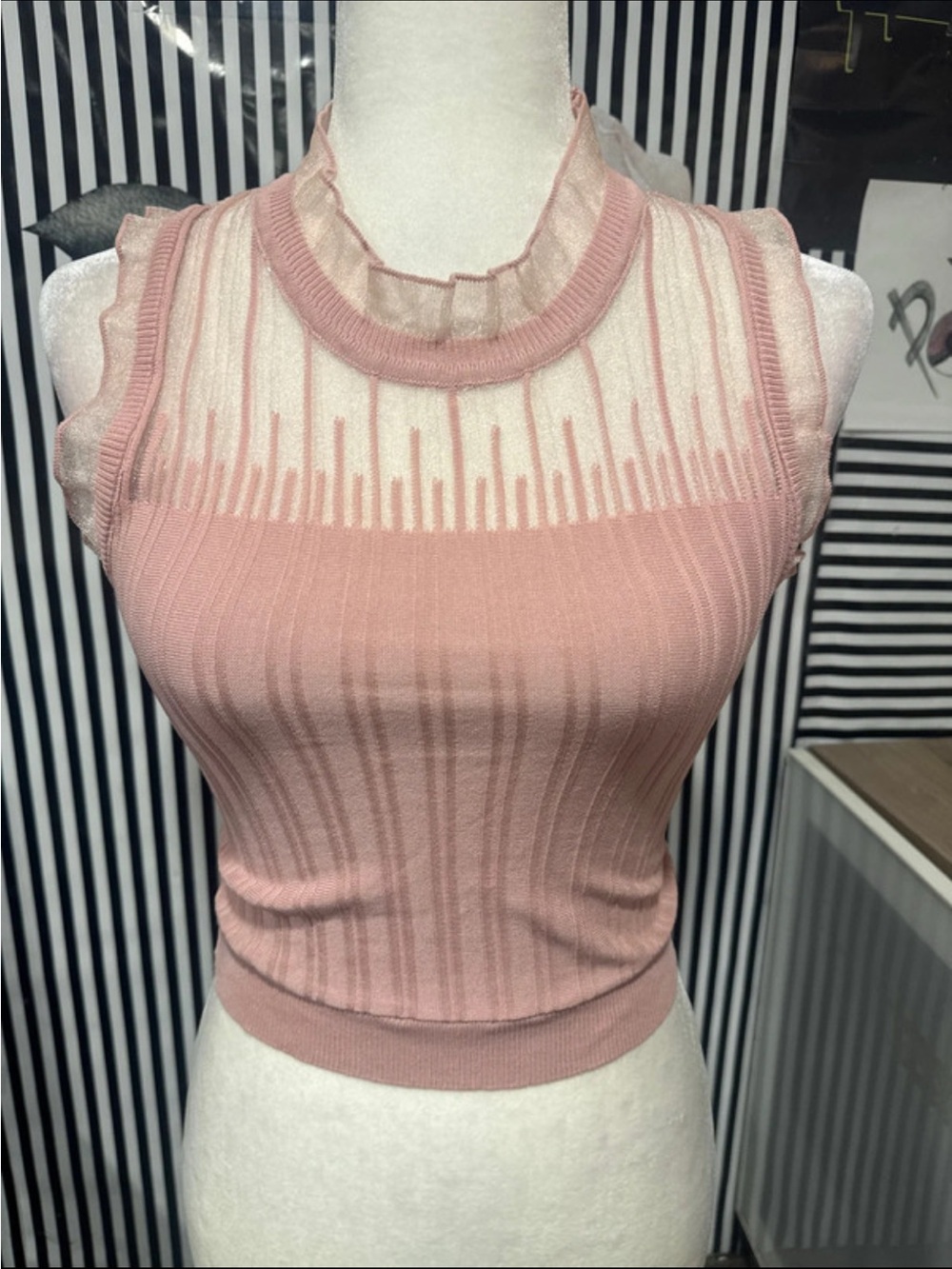 Sleeveless Pink Ribbed Knit Shell with Sheer Yoke
